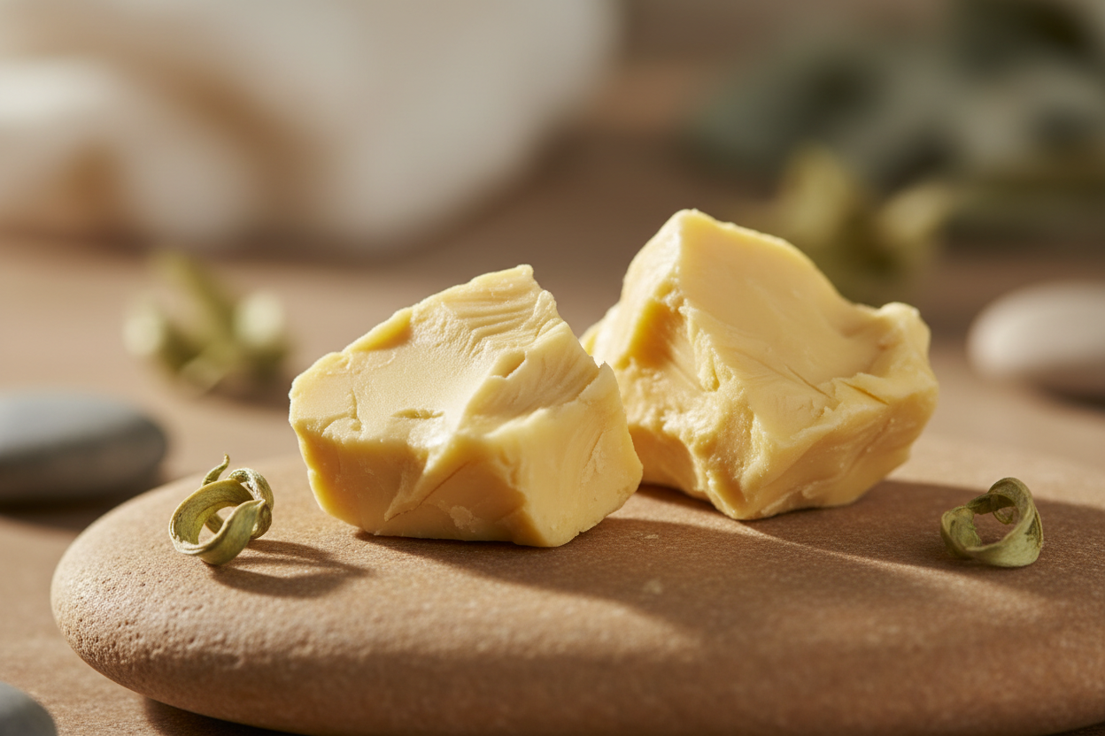 A high quality close up creamy pale yellow mango butter chunks chunks on a smooth beige stone surface. soft natural lighting enhance the buttery texture and creates warm shadows. minimal earthy luxury spa asthenic. background softy blurred with neutral tones   