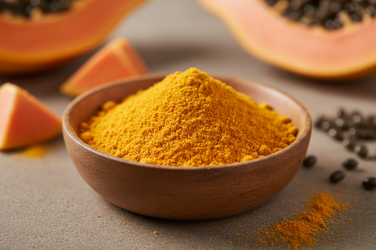 A macro close-up of vibrant yellow-orange papaya powder in a small wooden dish, shot on a neutral beige or stone-textured background. Soft natural lighting highlights the fine, velvety texture of the powder. A sliced papaya or papaya seeds can appear softly blurred in the background for context.