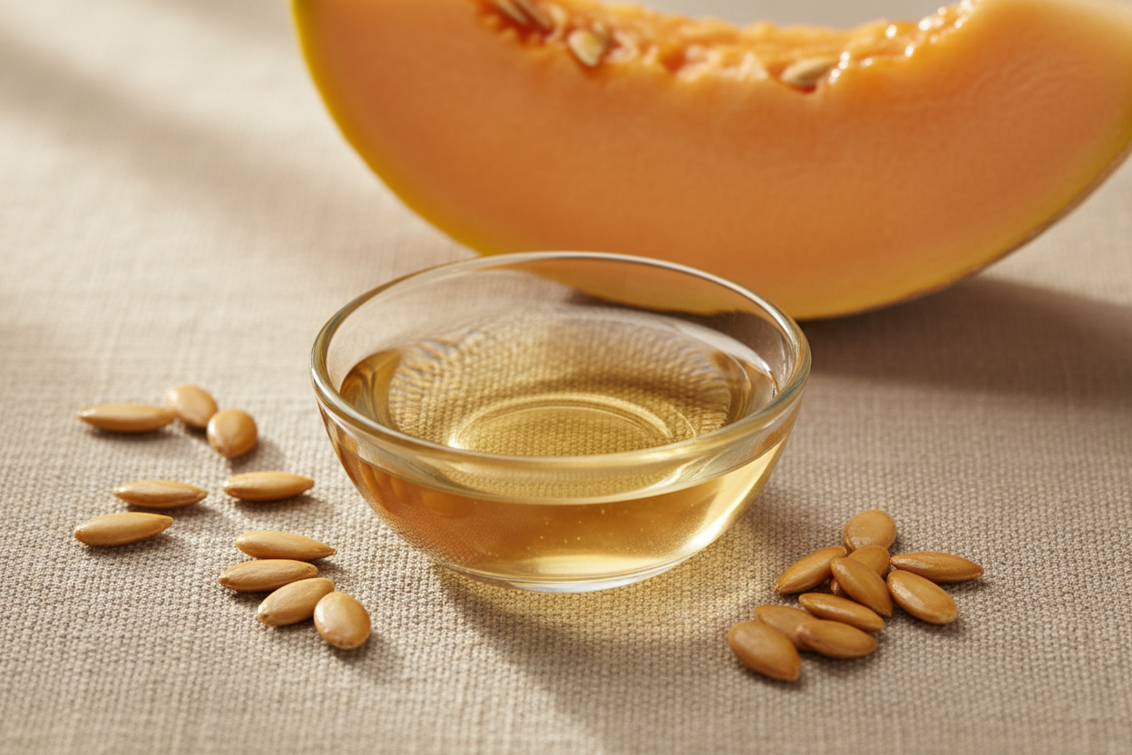A minimal, luxury-style flat-lay showcasing a small glass dish of golden cantaloupe seed oil surrounded by a few cantaloupe seeds and a soft slice of ripe cantaloupe blurred in the background. The oil should appear light, silky, and luminous with warm natural lighting. Background should be a neutral stone or beige linen surface to maintain a clean, spa-inspired look.