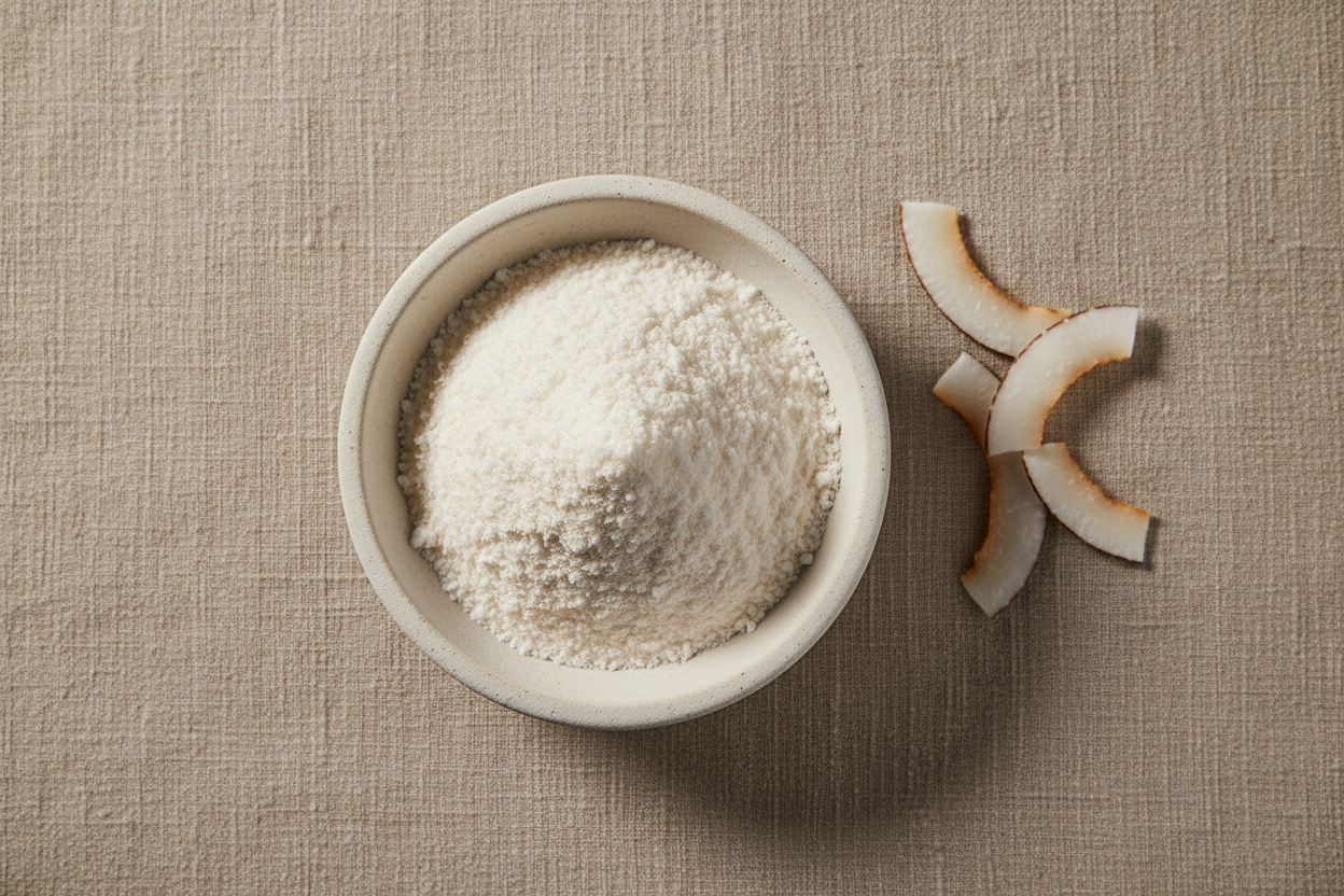 A refined flat-lay of finely milled coconut powder displayed in a small ceramic or glass dish. The powder appears soft, light ivory-white, and delicately textured — almost cloud-like. A few flakes of dried coconut rest nearby for context, and a muted beige or linen background keeps the focus on the powder’s purity. Lighting is warm and diffused, creating a calm, spa-inspired atmosphere that conveys hydration, softness, and tropical simplicity. beige background 