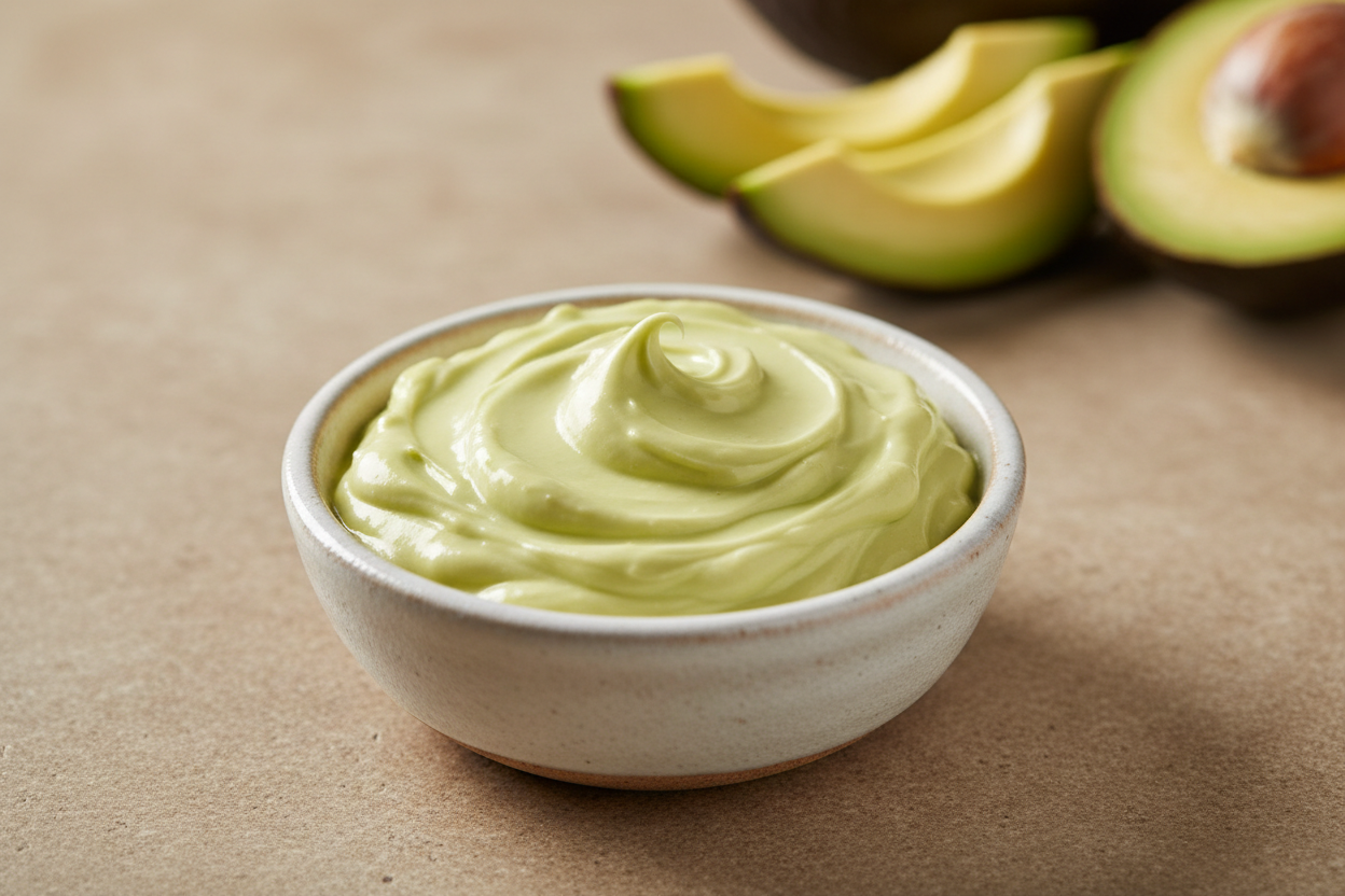 A small ceramic or glass dish filled with creamy, pale green avocado butter, whipped or smooth in texture. The butter looks rich and velvety, with a soft natural gloss. In the background, place a blurred slice of ripe avocado or a few avocado pieces for context. Warm, diffused lighting on a beige stone or linen surface to create a clean, spa-like feel.