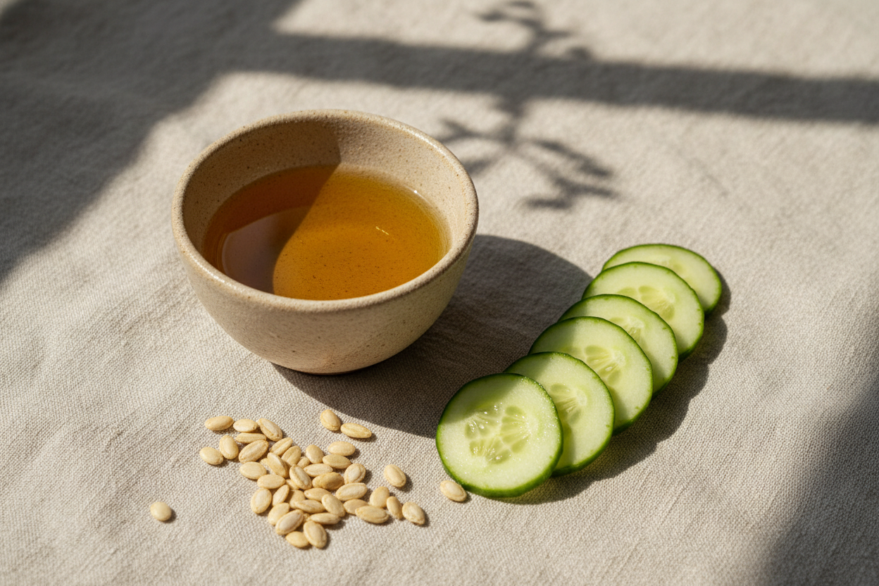 A soft overhead shot of a small ceramic bowl filled golden cucumber seed oil. next to it are fresh cucumber slices, pale green and glistening, aggranged on a beige e linen cloth. Scattered around dried cucumber seeds and soft shadows  from morning light. The scene feels natural calming and spa like with a warm minaial earthy astesric that matches the energy. 