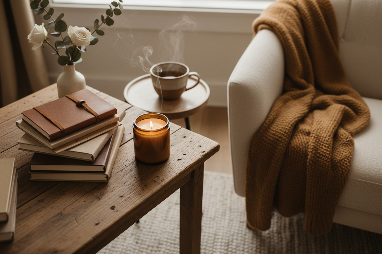 Cozy writing space with journals