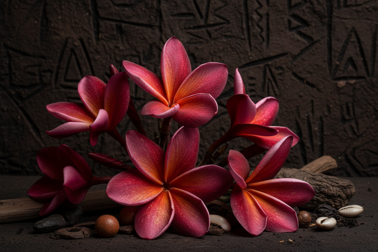 Deep red frangipani flowers — soft petals, dark background, reflective mood. raw earthy rooted in Nigeria. culture 