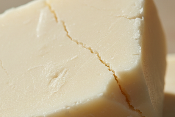 Hyper-realistic close-up of kokum butter chunks, smooth ivory texture with subtle cracks, natural
shadows, earthy neutral background, studio natural light