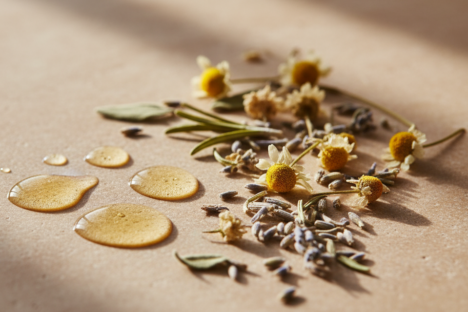 Macro flat-lay closeup of  of droplets of body oil beside loose dried herbs and botanicals on a warm natural stone surface, soft diffused morning light, minimalist clean-luxury spa aesthetic, shallow depth of field, neutral beige and cream tones, elegant and calming, high-end skincare photography.