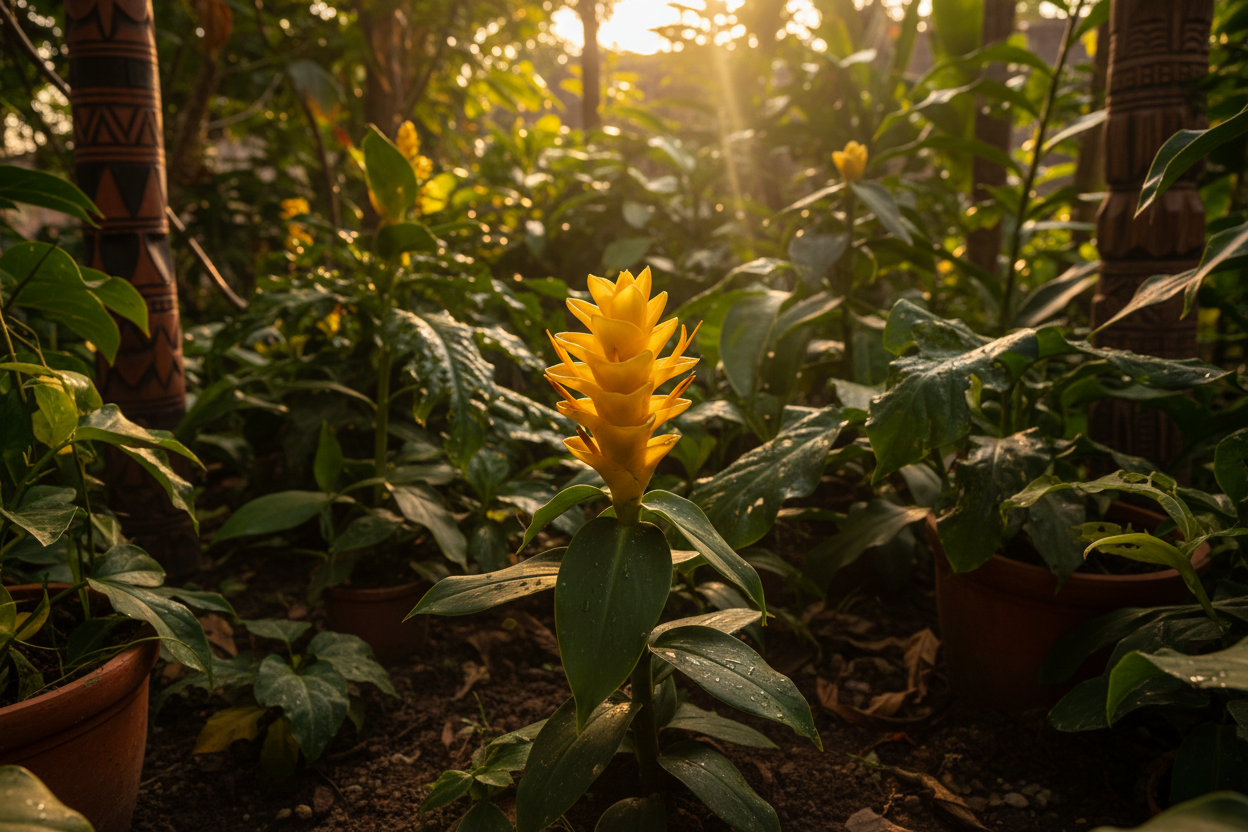 olden Costus spectabilis bloom — lush greens, warm shadows, romantic atmosphere. earthy rooted in Nigeria culture 