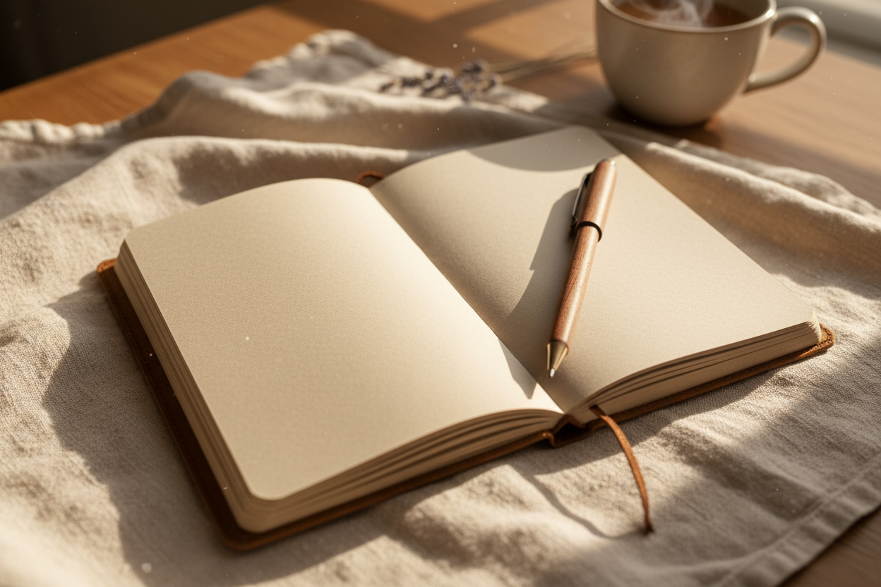 Warm, natural scene of a notebook on a table with a pen, soft textured linen surface, morning light, calm and grounded atmosphere, represents humble beginnings and handcrafted creation.