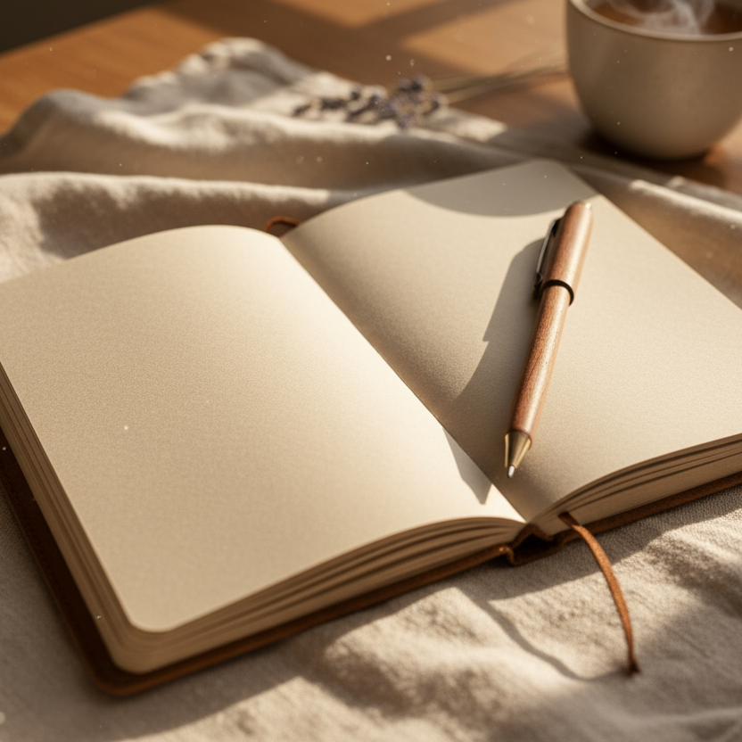 Warm, natural scene of a notebook on a table with a pen, soft textured linen surface, morning light, calm and grounded atmosphere, represents humble beginnings and handcrafted creation.